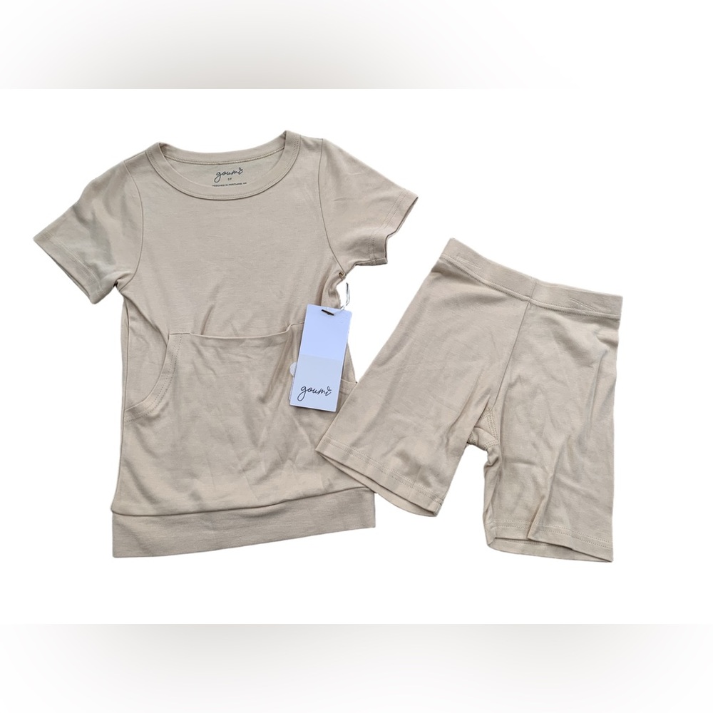 Goumi NWT Size 5T Dune Tan Loungewear Biker Shorts Pajamas Set Bamboo Blend